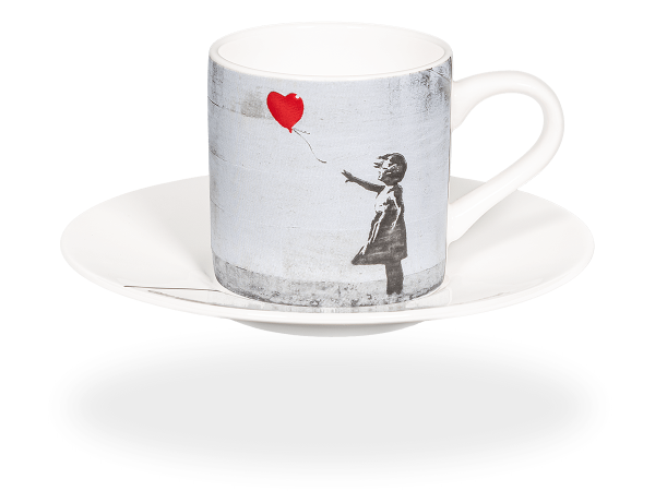 Könitz Espressotasse "Banksy Girl with Balloon" 65ml. Kaffeetasse modern mit Untertasse.