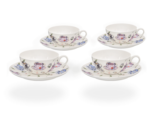 Buchensee Teetassen Set Tassendeko, Fine Bone China Porzellan