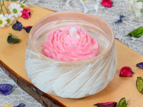 Kerze "Blume in Keramikschale" weiß-rosa, 130 x 80mm als Geschenk für Frauen