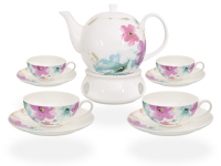 Buchensee Teeservice Porzellan mit Stövchen Blumendeko, Fine Bone China