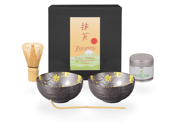 Matcha Set gelbe Blüten, 2 Schalen