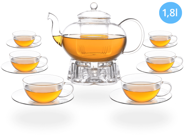 Teeservice Glas, Teekanne 1,8l Glastassen 160ml und Stövchen