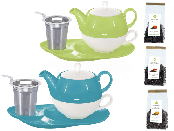 Tee Geschenk Tea for One Lena türkis und grün mit Sieb und Ablageteller