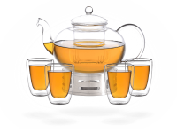 Teeservice Glas 1,8l, Stövchen aus Edelstahl, doppelwandige Gläser 200ml mit 4 cups