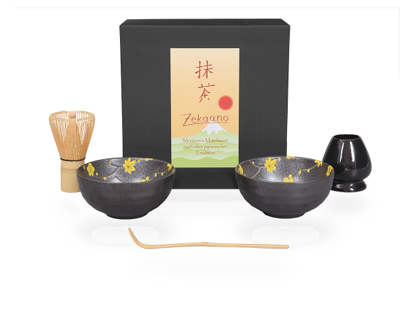 Matcha Set gelbe Blüten, 2 Schalen