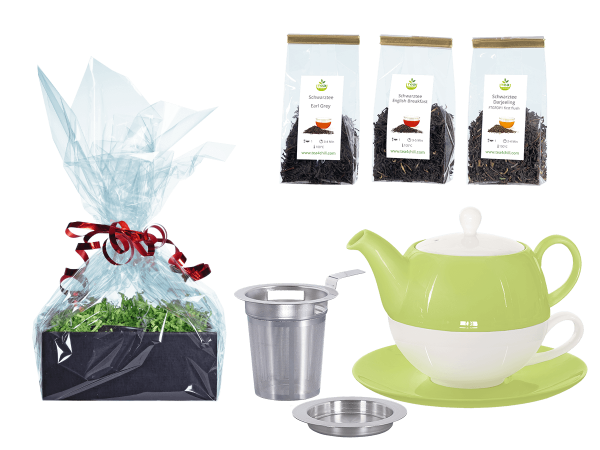 Tee Geschenk Tea for One Lena grün mit Sieb und Abtropfschale