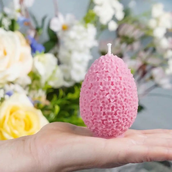Kerze Ei mit Blütendesign aus Raps & Olivenwachs , 55x80mm in rosa