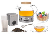 Kira Teeservice für eine Person, Teekanne Glas, Müslischale, Stövchen