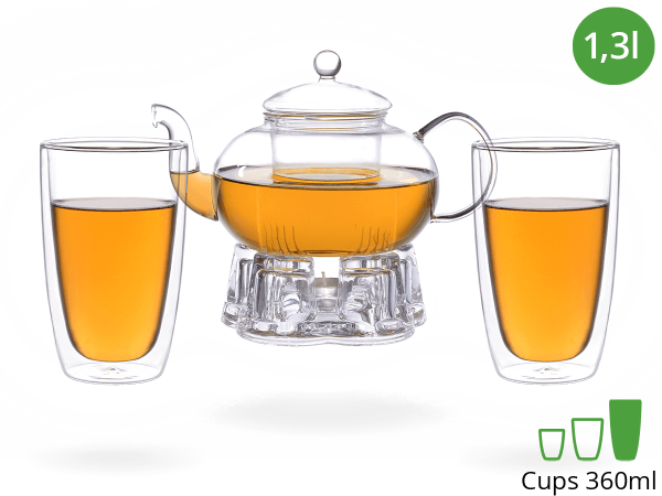 Teeservice Melina: Glaskanne 1,3 Liter + 2 Glasbecher 380ml + Glas-Stövchen