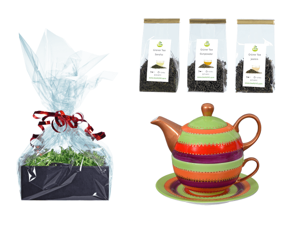 Tee Geschenk Tea for One, handbemalt, rotgrün