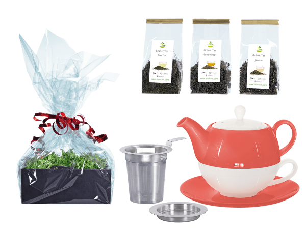 Tee Geschenk Tea for One Lena coralrot mit Sieb und Abtropfschale