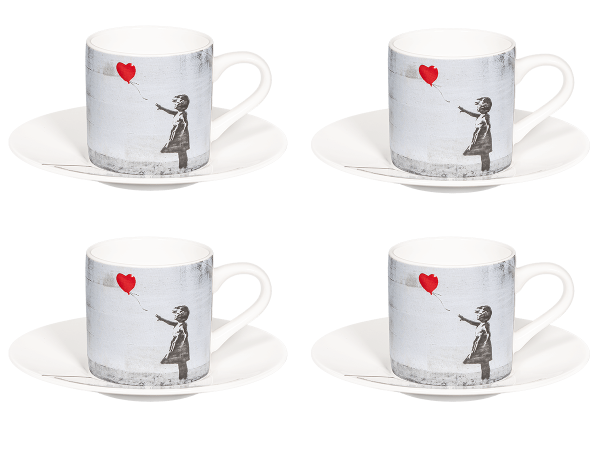 Könitz Espressotasse "Banksy Girl with Balloon" 65ml. Kaffeetasse modern mit Untertasse.