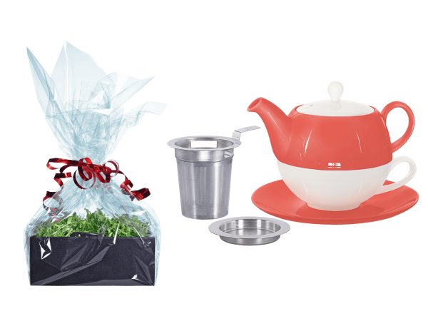 Tee Geschenk Tea for One Lena coralrot mit Sieb und Abtropfschale