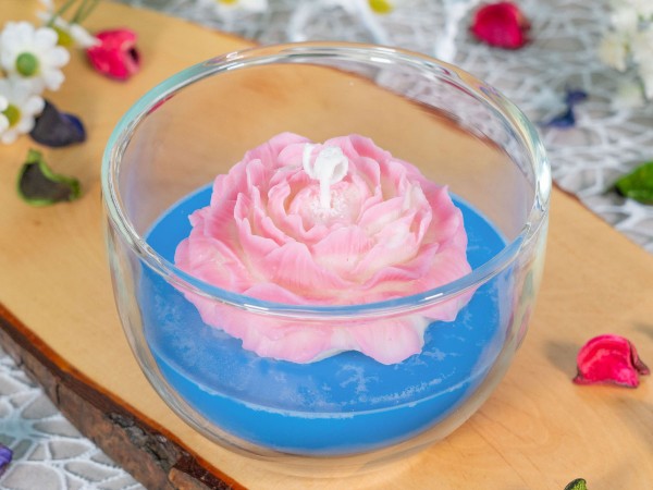 Kerze "Blume im Glas" blau-rosa, 115 x 80mm als Geschenk für Frauen