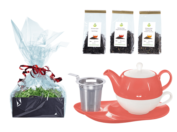 Tee Geschenk Tea for One Lena coralrot mit Sieb und Ablageteller