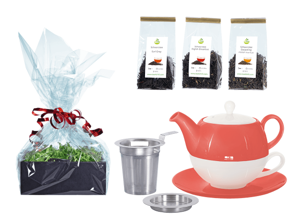 Tee Geschenk Tea for One Lena coralrot mit Sieb und Abtropfschale