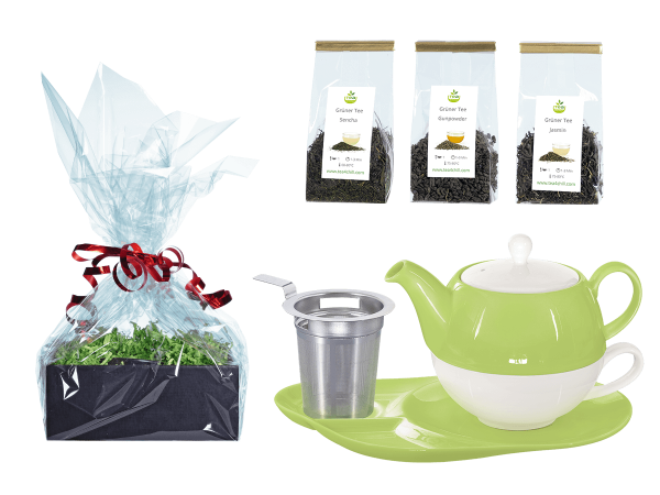 Tee Geschenk Tea for One Lena grün mit Sieb und Ablageteller