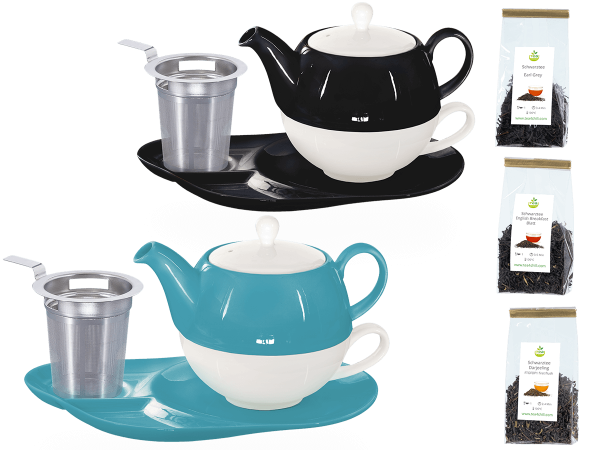 Tee Geschenk Tea for One Lena schwarz und türkis mit Sieb und Ablageteller
