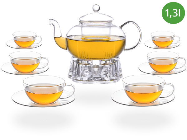 Teeservice Glas, Teekanne 1,3l Glastassen 160ml und Stövchen
