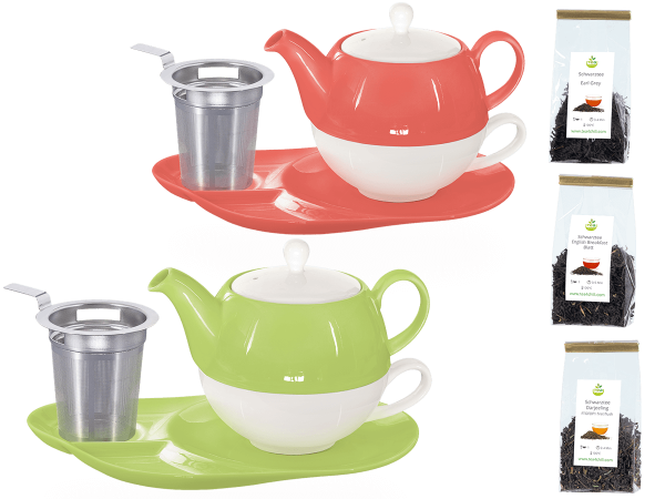 Tee Geschenk Tea for One Lena coralrot und grün mit Sieb und Ablageteller