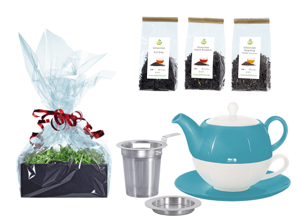 Tee Geschenk Tea for One Lena türkis mit Sieb und Abtropfschale