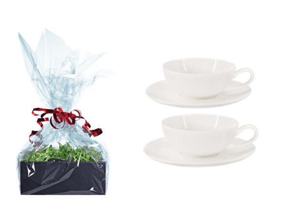 Tee Geschenk 2 Teetassen Porzellan mit Rundteller