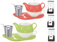 Tee Geschenk Tea for One Lena coralrot und grün mit Sieb und Ablageteller