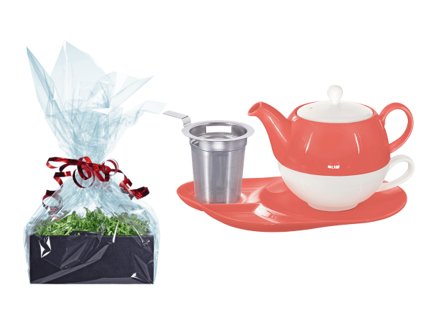 Tee Geschenk Tea for One Lena coralrot mit Sieb und Ablageteller