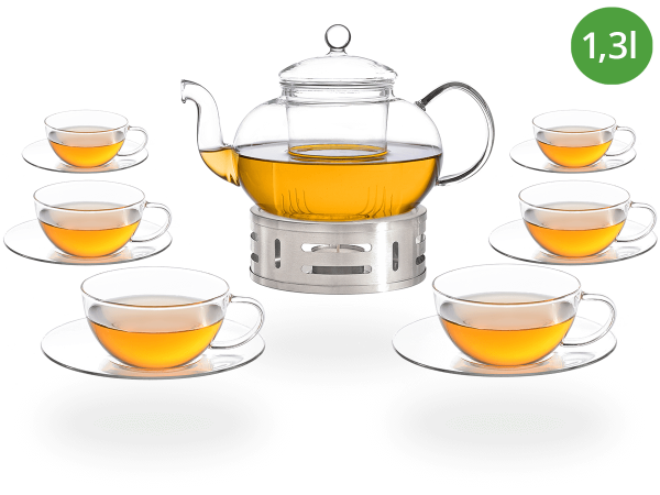 Teeservice Glas, Teekanne 1,3l Glastassen 160ml und Stövchen aus Edelstahl