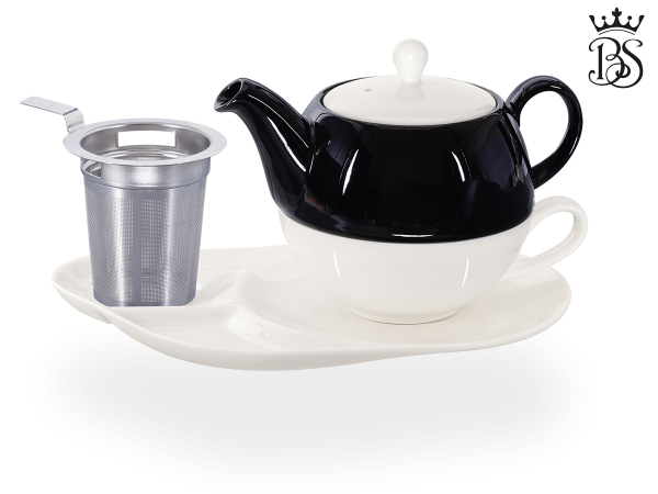 Tea for one, Lena 500 ml, Crystal Bone China, schwarz, Ablageteller, Sieb