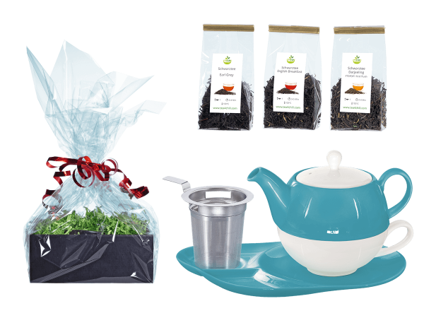 Tee Geschenk Tea for One Lena türkis mit Sieb und Ablageteller