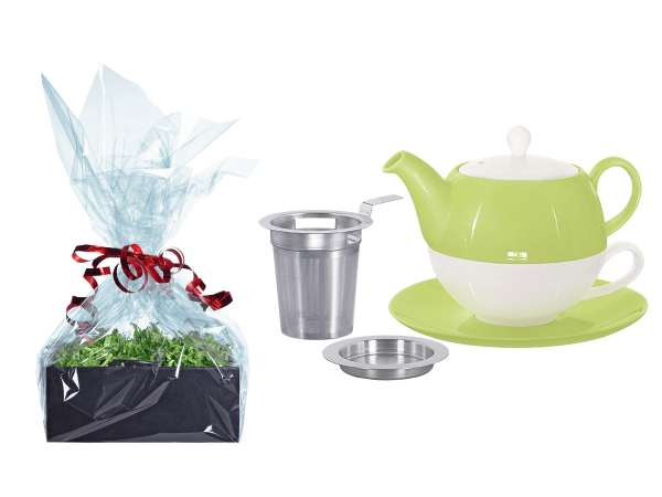 Tee Geschenk Tea for One Lena grün mit Sieb und Abtropfschale