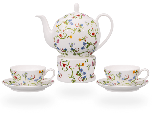 Teeservice Porzellan Fleurette 1l mit Stövchen, Fine Bone China