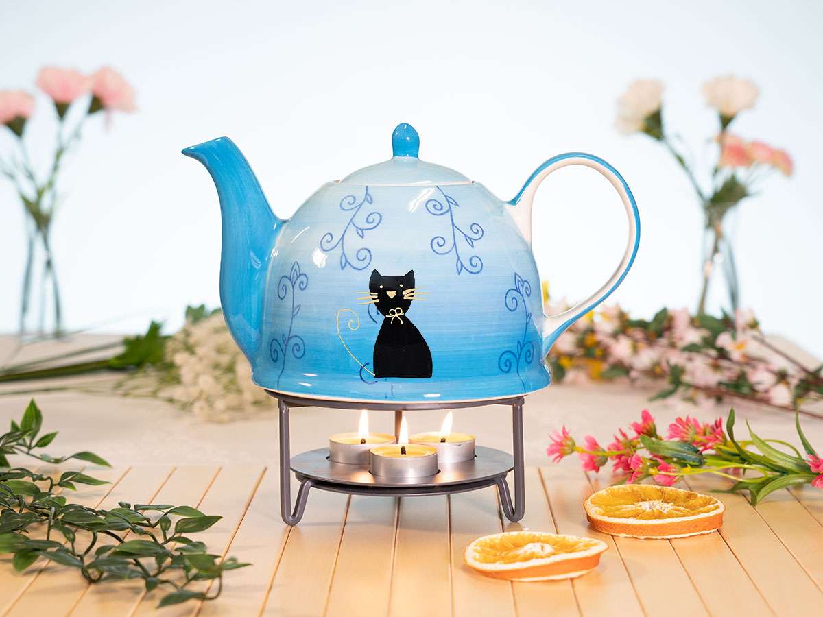 Black Cat Teekanne mit Stövchen Keramik 1,5l | mit Stövchen | Teekannen | TEEGESCHIRR