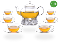 Teeservice Glas, Teekanne 1,3l Glastassen 160ml und Stövchen 6 Tassen