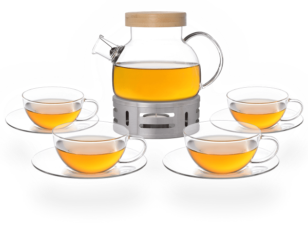 Kira Teeservice Glas 900ml, Stövchen aus Edelstahl, Teetassen 160ml