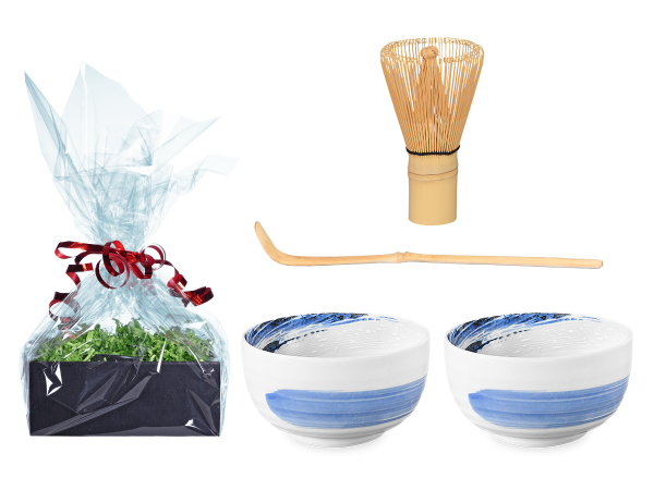 Tee Geschenk Matchaset, original Japan, weiß/blau, 2 Schalen