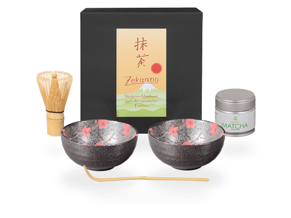 Matcha Set rote Blüten, 2 Schalen