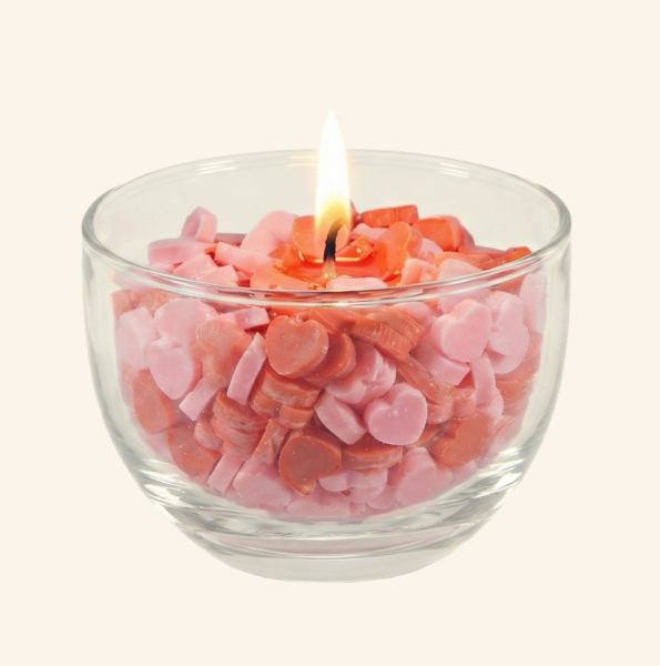 Perlagekerze Herzen rot-rosa in doppelwandiger Glasschale
