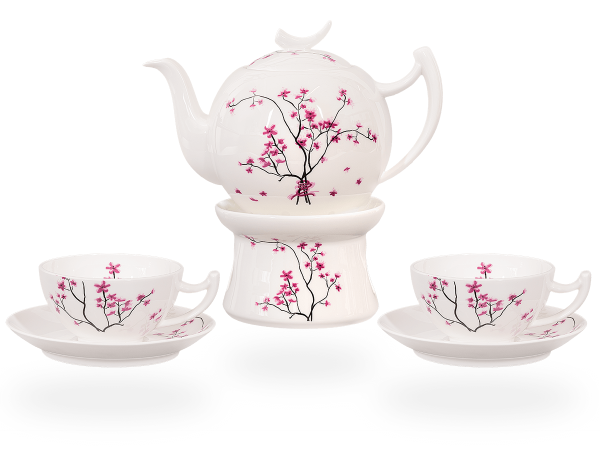 Teeservice Porzellan "Cherry Blossom" 1l mit Stövchen, Fine Bone China